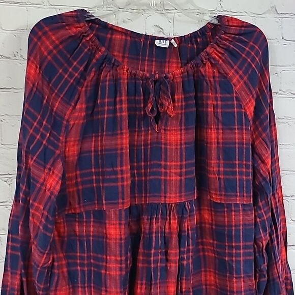 GAP Maternity Split-Neck Red Plaid Top Long Sleeve Flannel Shirt Bow Tie Keyhole - Picture 4 of 10